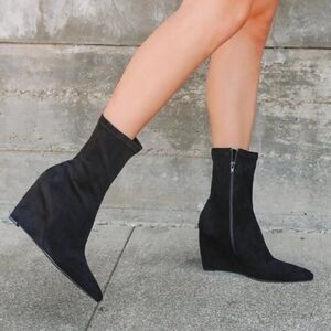 LULU'S - Saxton Black Suede Wedge Heel Sock Boots Booties